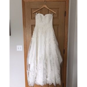 Wedding Dress: Lace, Ivory, Strapless, Long Train